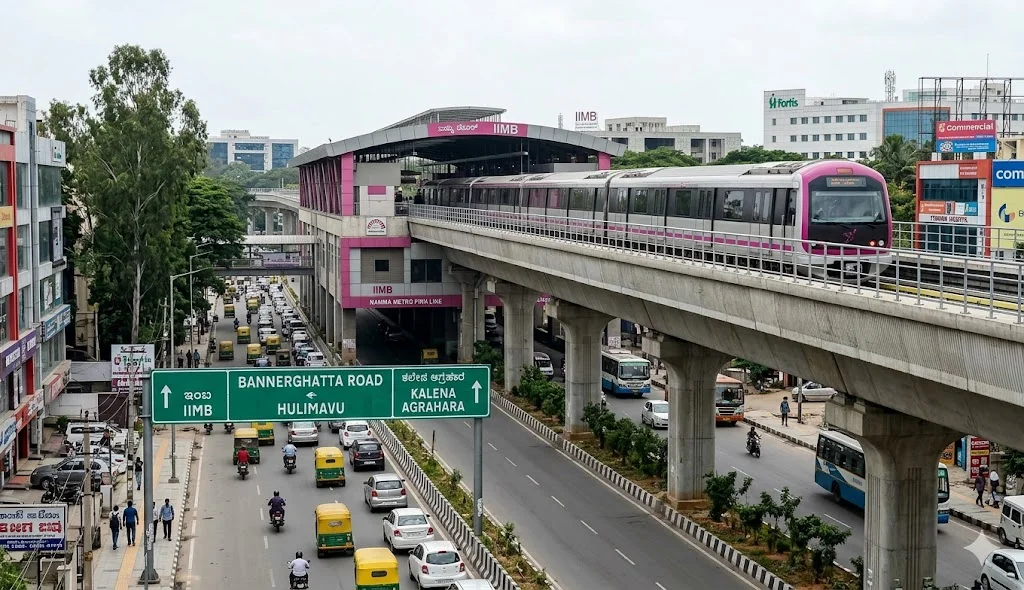 Map showing the Namma Metro Pink Line alignment from Kalena Agrahara to Gottigere along Bannerghatta Main Road.